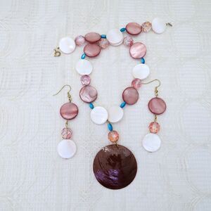 Handmade Mauve and White Jewelry Set, Shell Beaded Necklace and Earrings Casual
